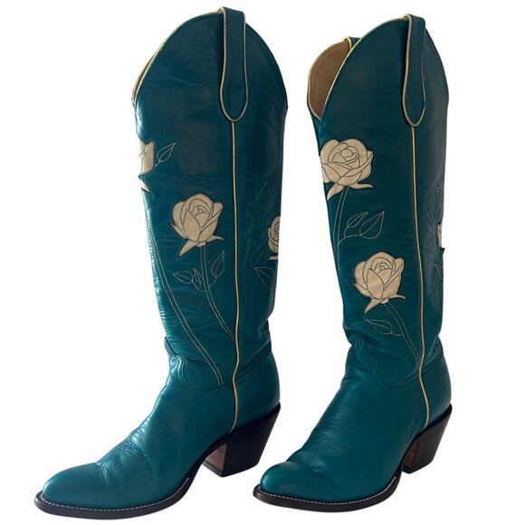 Fraulein San Antonio Rose Women's Cowboy Boot Tall - Size 9M Teal w/ White Roses - Picture 1 of 16
